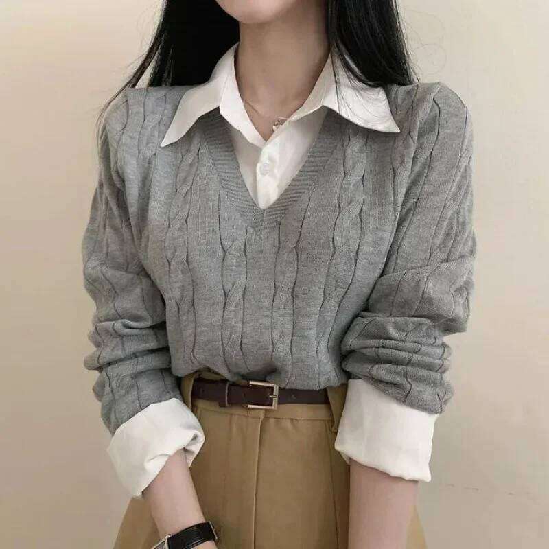 Korean Chic Spring And Autumn Age-Reducing Sweaters Retro Temperament Preppy Fake Two Pieces Shirts Twist Knit Women's Tops Women Sweater Designe