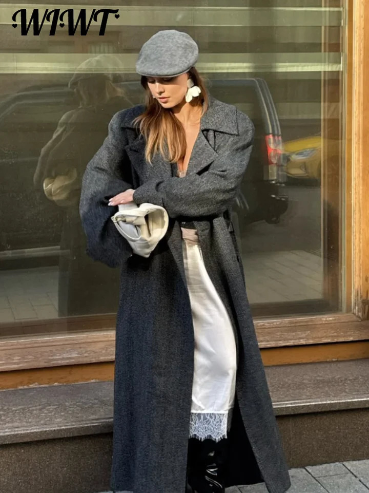 Elegant Double Breasted Woolen Coat Winter Lady Lapel Raglan Sleeve Full Overcoat Womens High Street Outwear 251028