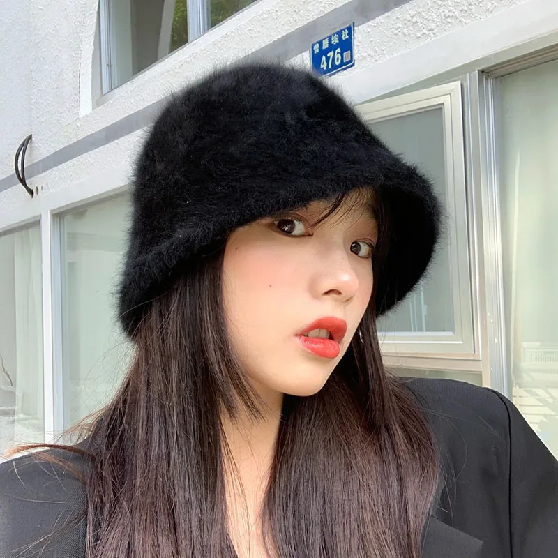 Hat winter womens fashion Solid color rabbit fur hat bucket cap fishermans hat knitted wool basin Bucket Hat 251029