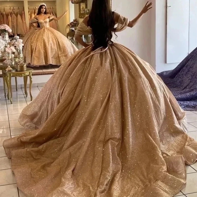 Rose Gold Shiny Ball Gown Quinceanera Dresses Off The Shoulder Beaded Tull Party Birthday Sweet 16 Dress Vestidos De 15 Anos