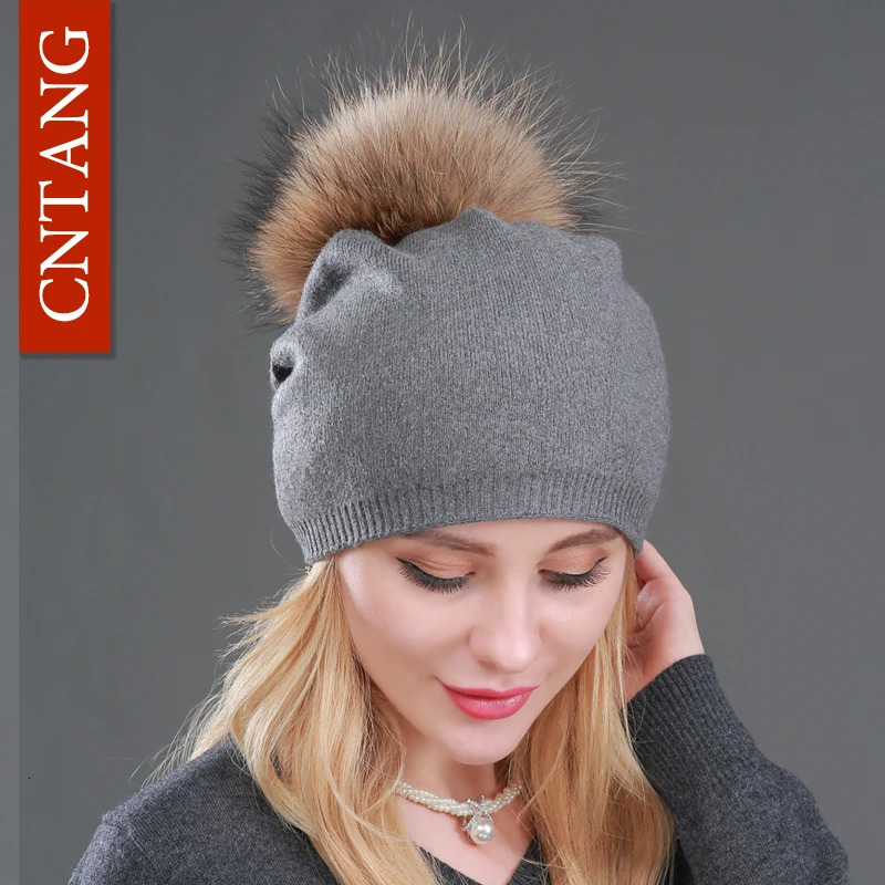 Autumn Winter Knitted Wool Hats For Women Fashion Pompon Beanies Fur Hat Female Warm Caps With Natural Genuine Raccoon Fur Cap 251029