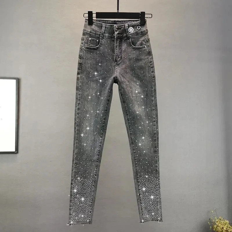 Womens Jeans 2025 Summer Elastic Slim Heavy Industry Diamond Small Foot Pencil Pants Female Casual Denim Trousers 251029