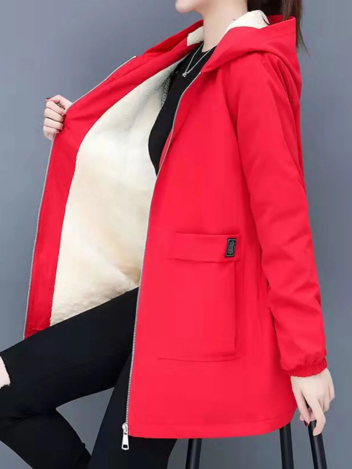 Sli Thiened Fce Womens Coat Autumn Winter Arrival Casual Mom Clothes Long Sve Hooded MidLength Polyester Fiber 251029