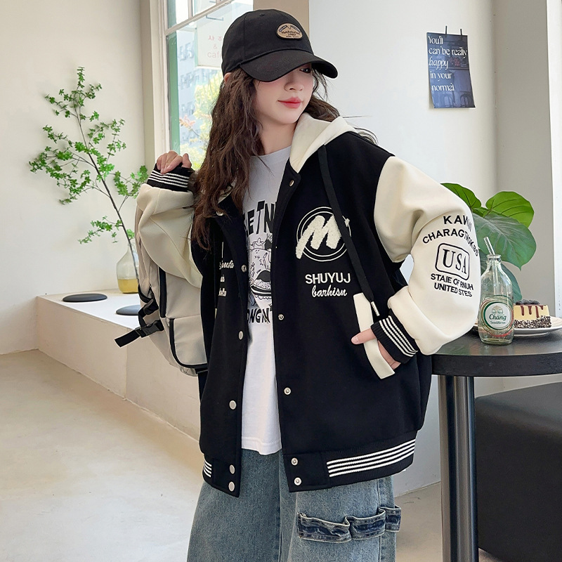 Girl designer fashionable autumn and winter jacket new Korean version loose letter color blocked hooded baseball jacket hoodie