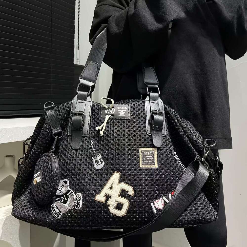 Large Capacity Shoulder Bag Women, Black With Teddy Bear Patch, Versatile Tote, Casual Vacation Handbag, Essential Travel Accessory, Ideal
