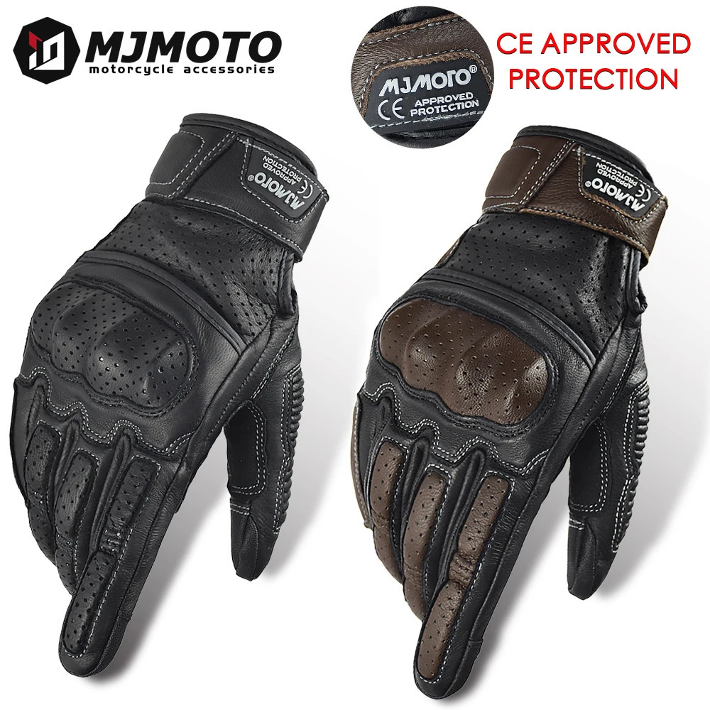 With CE Approved Summer Retro Perforated Leather Motorcycle Gloves Men Women Full Finger Motocross Dirt Biker Glove Guantes Moto 251013