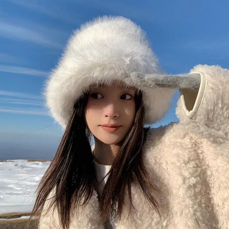 y Fluffy Faux Fur Bucket Hat Women Warm Rabbit Cap Russian Panama Fisherman Bob Wholesale 251013