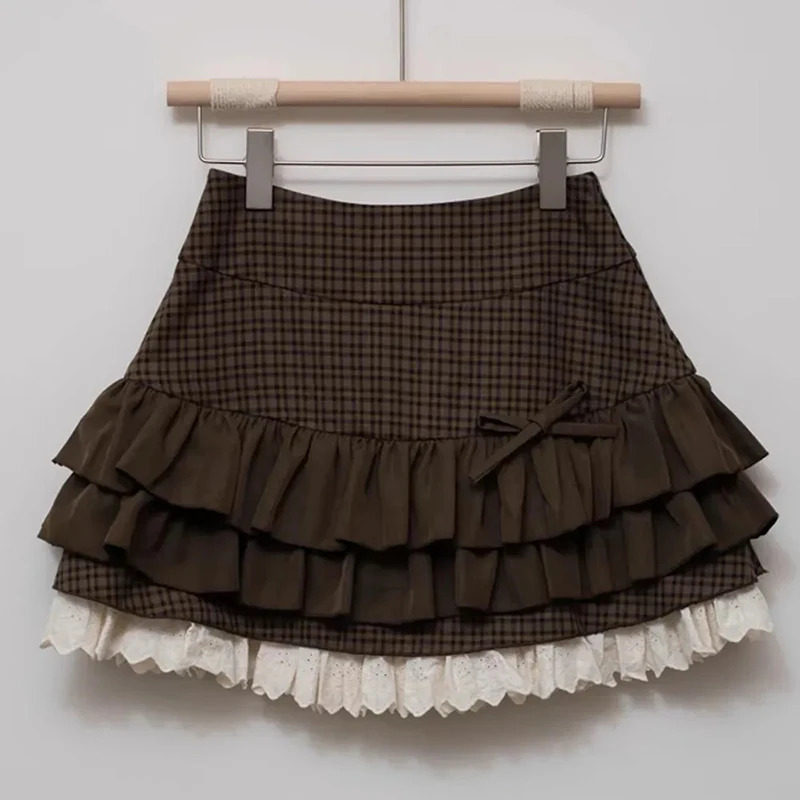 Japanese Sweet Lolita Mini Skirts Women Y2K Kawaii Lace Patchwork Bow Cake Skirt Femme High Waist Preppy All Match A Line Skirts 251028