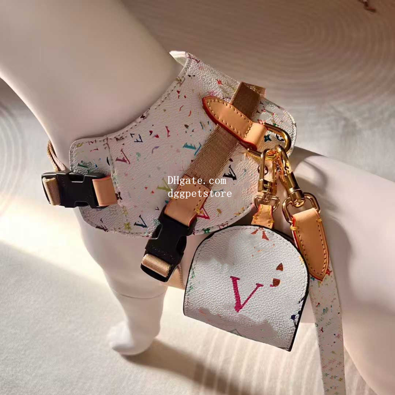 Designer Dog Harness Leash and Luxury Leather Dog Bags Holder Classic Letter Pattern Dog Vest Harness for French Bulldog, Corgi, Cavalier King Charles Spaniel B267