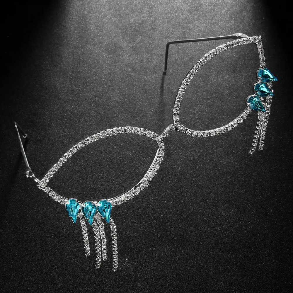 Stonefans Blue Crystal Rhinestone Glasses Frames Jewelry for Women 2024 Fashion Tassel Chain Glasses Frames No lenses W251029