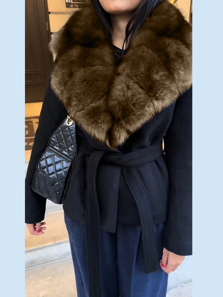 Elegant Faux Fur Lace Up Woolen Coat Women Shawl Collar Belted Waist Full Sleeve Coats Female Autumn Winter Fashion Lady Outwear 251028