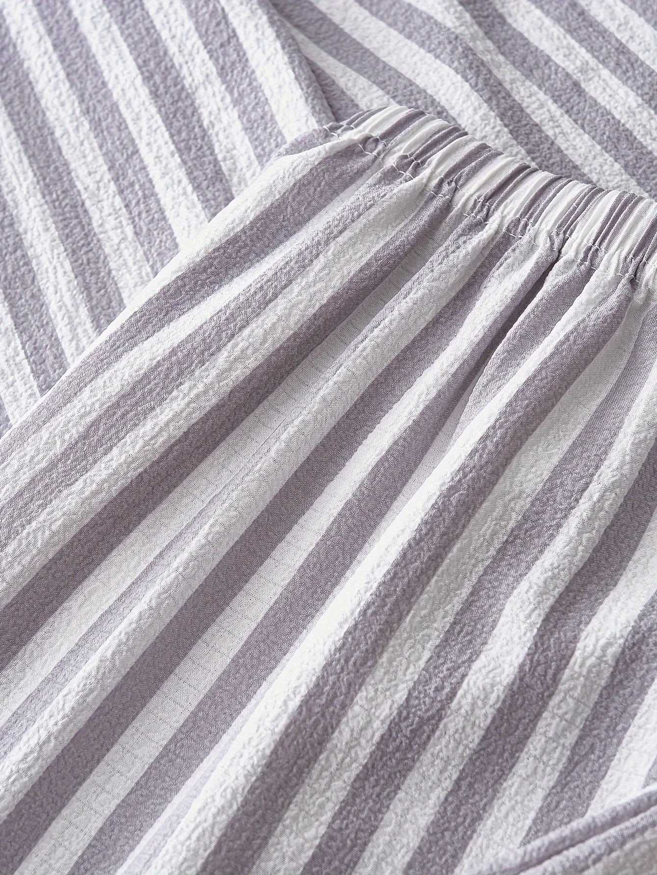 Elegant Striped Polyester Pajama Set for Women with Lapel Collar Long Sleeve ButtonUp Top and Long Pants FallWinter Woven ST251029