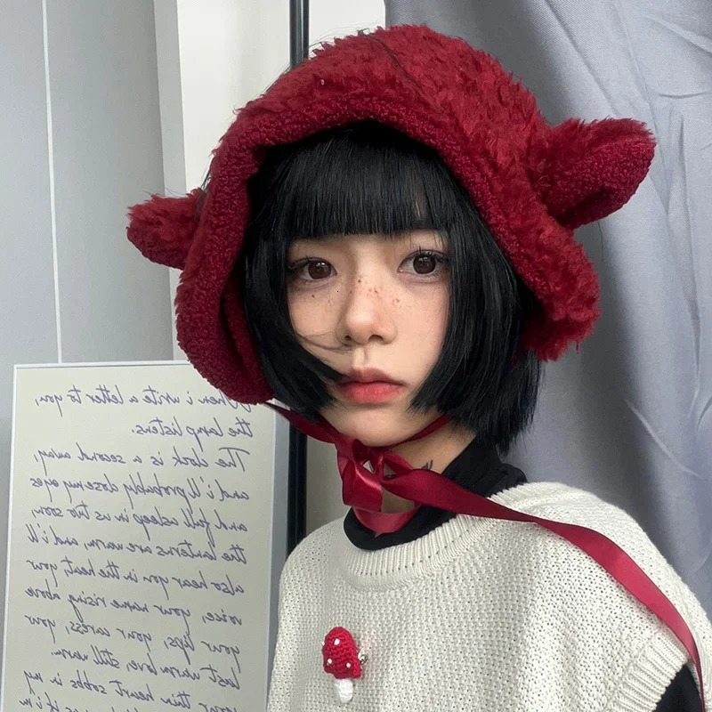 Japanese Cute Puppy Ears Plush Earmuffs for Women Autumn and Winter Warm Versatile Antlers Straps Ear Protection Beanies Cap 251029