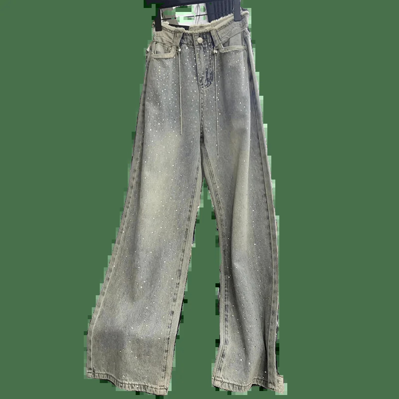 American High Street Spicy Starry Diamond Frayed Wide Leg Jeans Women Summer Ele High Waist Dra FloorLength 251029