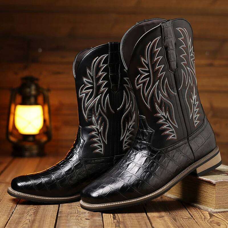 Retro wide toe Western cowboy high-quality Men's Male shoes adult embroidery Mid-Calf boots Knight Cowboy Boots 2025