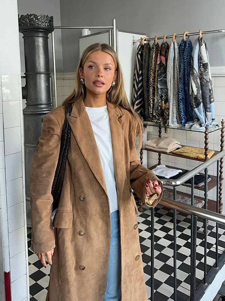 High Street Doublebreasted Suede Jackets Womens Vintage Turndown Collar Split Long Coat Autumn Winter Ladies Outwear 251028