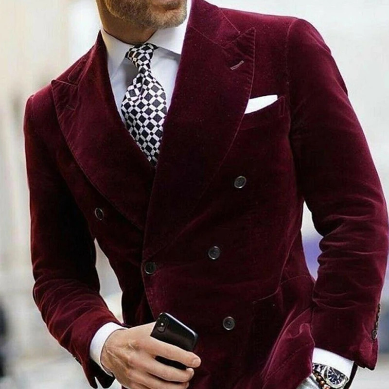 Burgundy Velvet Blazer for Men with Double Breasted Dinner Jacket Elegant Smoking Suit Coat 251028
