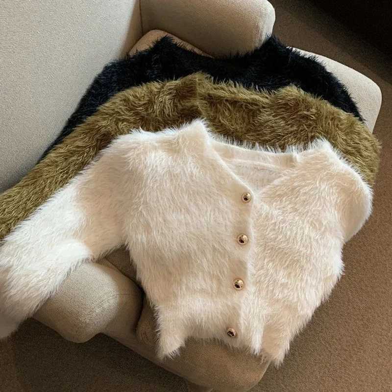 Vintage Cropped Mohair Knitted Cardigan Women V Neck Sweater Coat Streetwear Korean Black White Knitwear Solid Slim Jumpers NewT251028