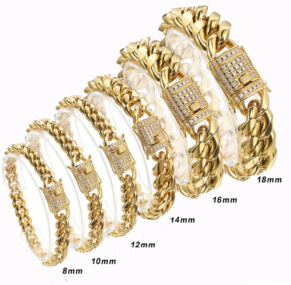 Arrival 81012141618mm Stainless Steel Miami Curb Cuban Chain Crystal Bracelet Casting Lock Clasp Mens Link jewelry 251028
