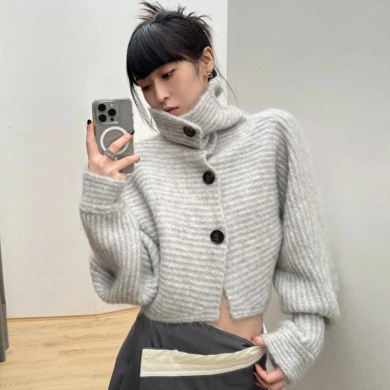 Deeptowm Y2K Gray Striped Women Sweater Vintage Turtleneck Korean Fashion Knit Cardigan Harajuku Button Autumn Loose Old MoneyT251028