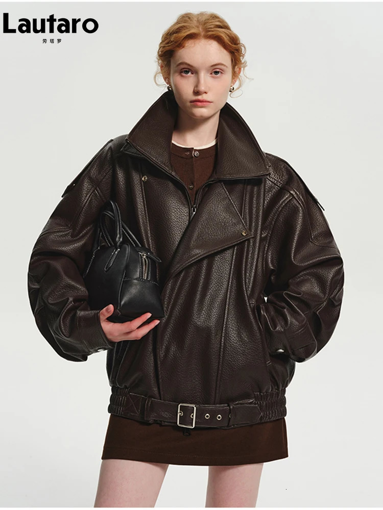 Lautaro Spring Autumn Cool Brown Oversized Pu Leather Jacket Women Long Sleeve Zip Up American Retro Clothing 251029