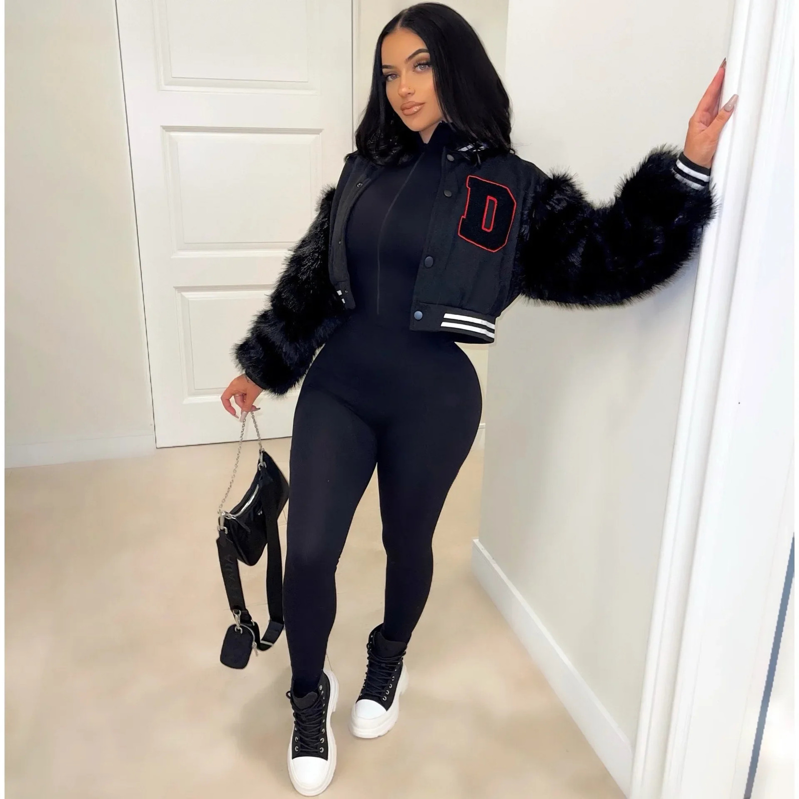 ANJAMANOR D Letter Fur Sleeve Sport Jacket Women Clothing Wholesale Cropped Baseball Varsity Jacket Cardigan Coats D48EB34 251029