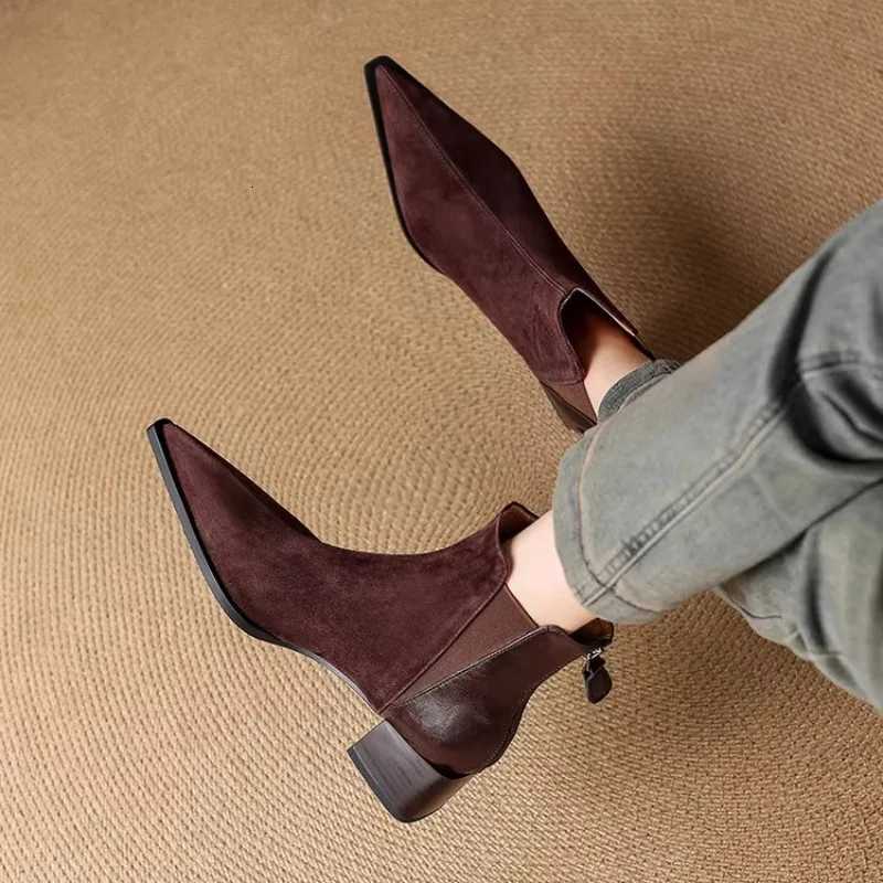 Autumn Winter Women Thick Heel Ankle Boots Elegant Back Zippers Shoes Modern Leather Suede Splicing Short Botas Para Mujer Z251029