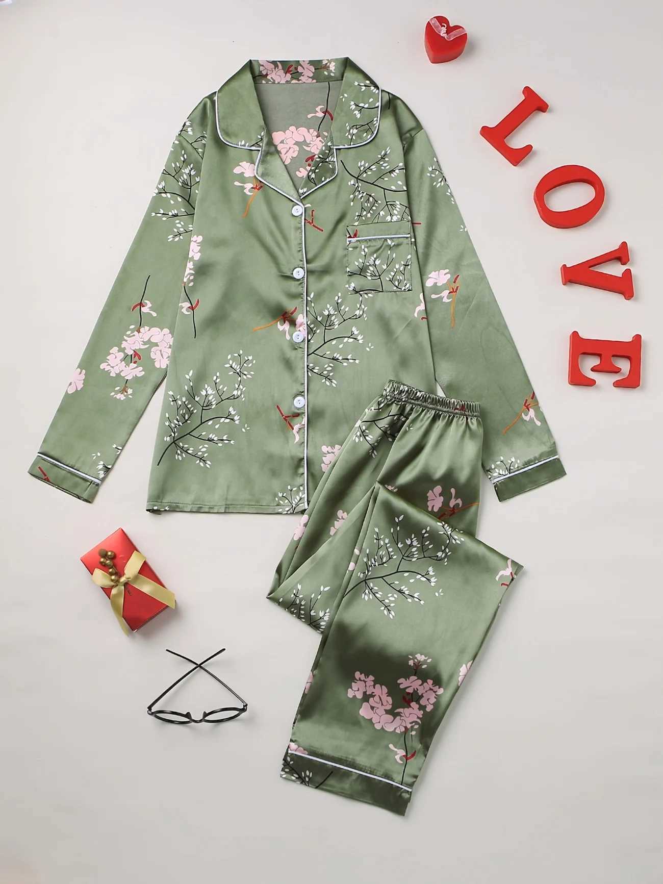 Elegant Floral Print Pajama Set Long Sleeve Blouse Top Elastic Waistband Pants Womens Sleepwear LoungewearT251029