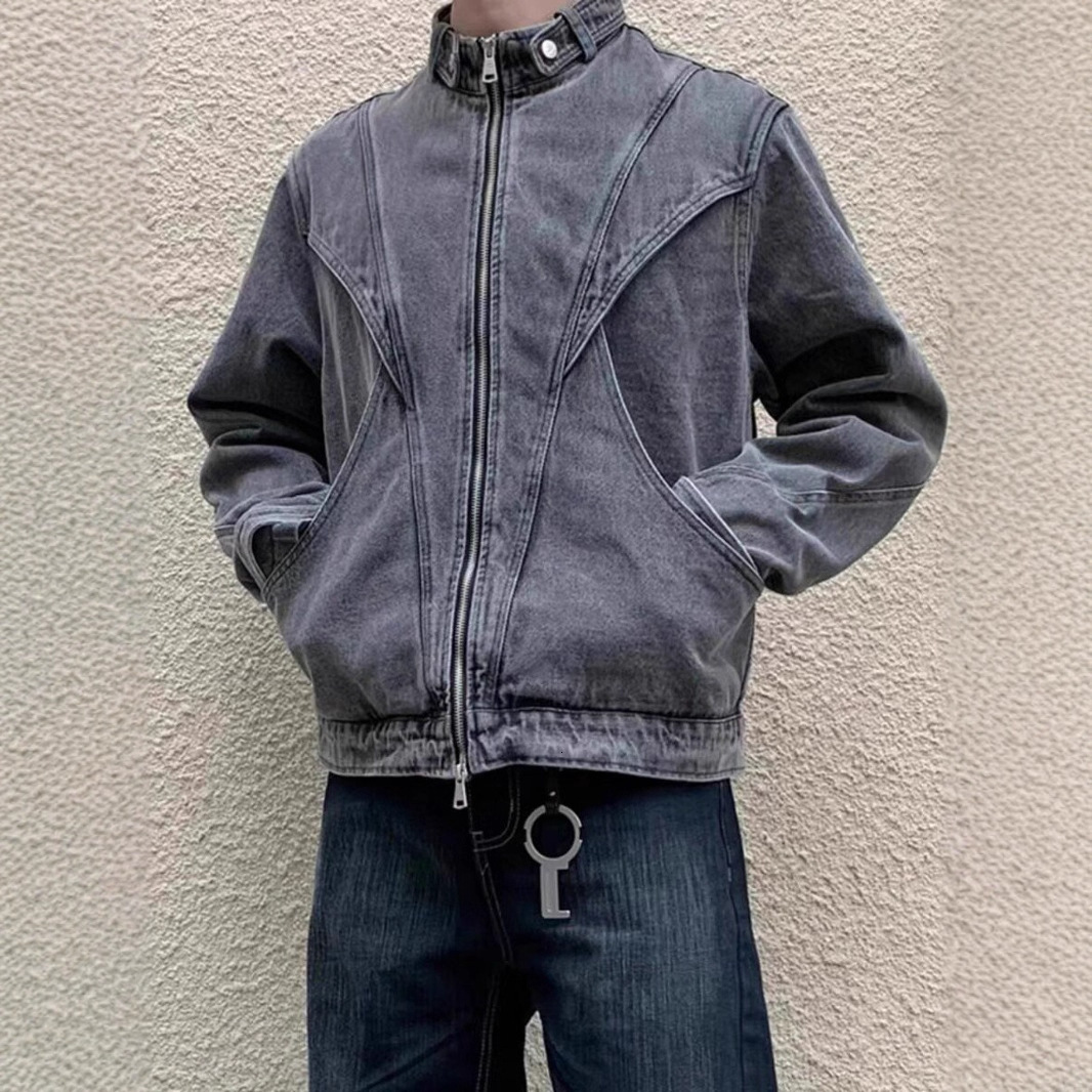 American Style Designer Jacket Washed Denim Jacket For Men Street Style Loose Fit Cool And Versatile Deconstructed Design Stand Collar Zipper Coat