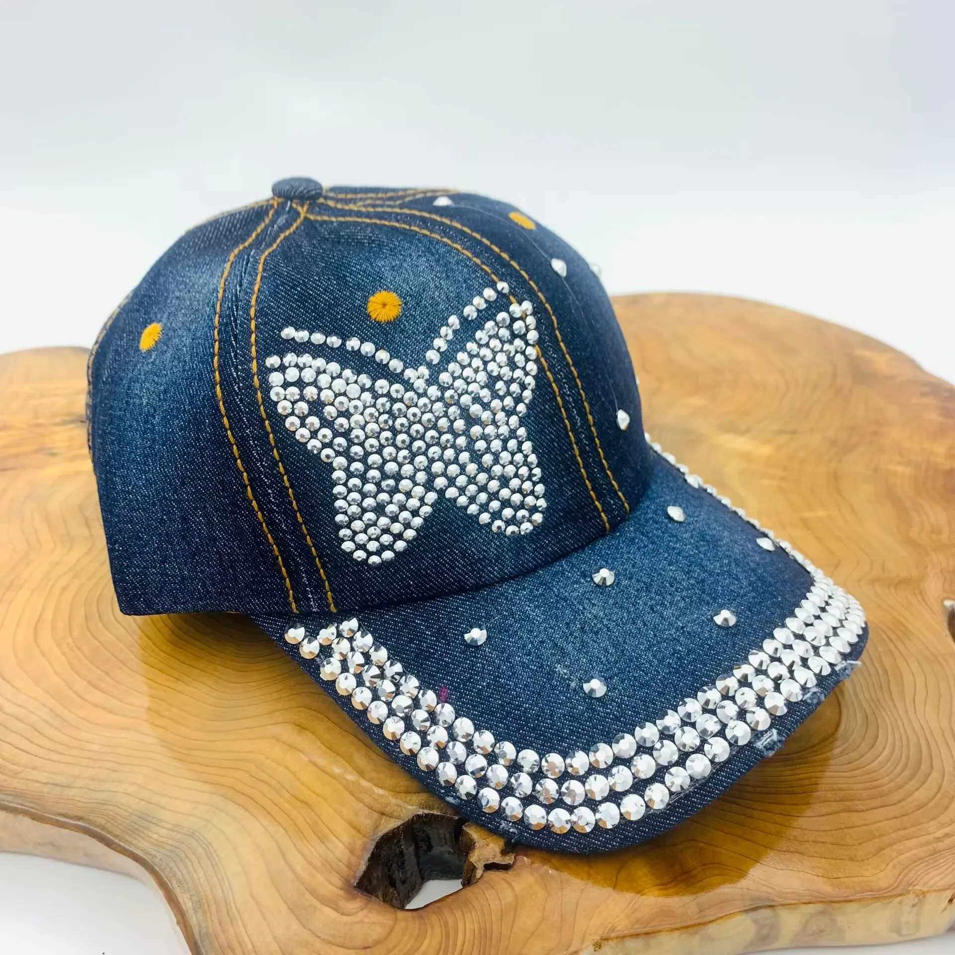 New womens rhinestone inlaid denim fashionable duckbill cap casual face enhancing small adult baseball capW251029