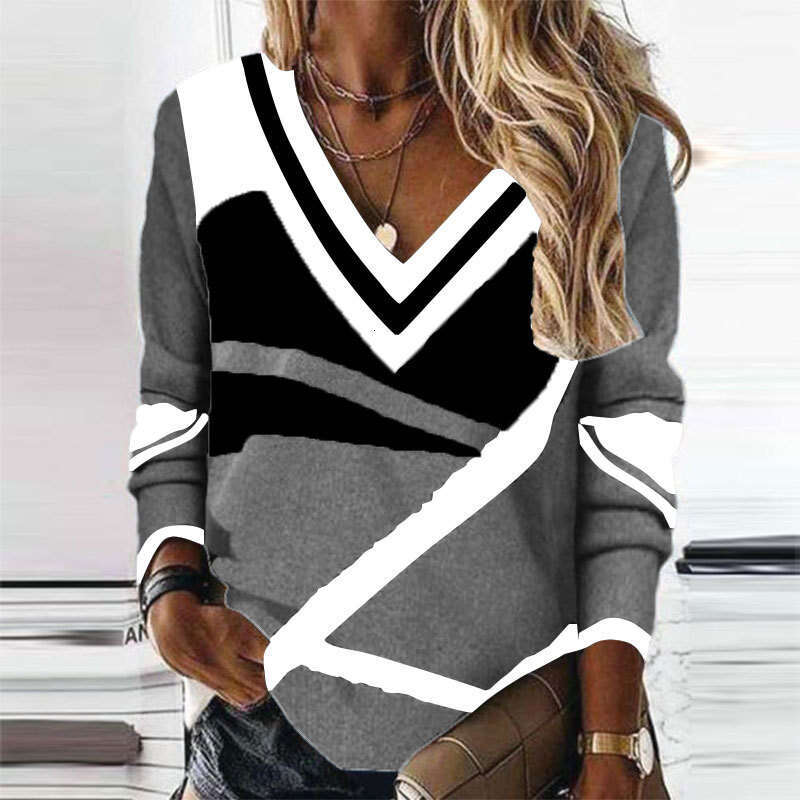 New Versatile Daily Casual Loose Hoodie Women's V Neck Contrasting Geometric Pattern Large Size Sweatshirt Top