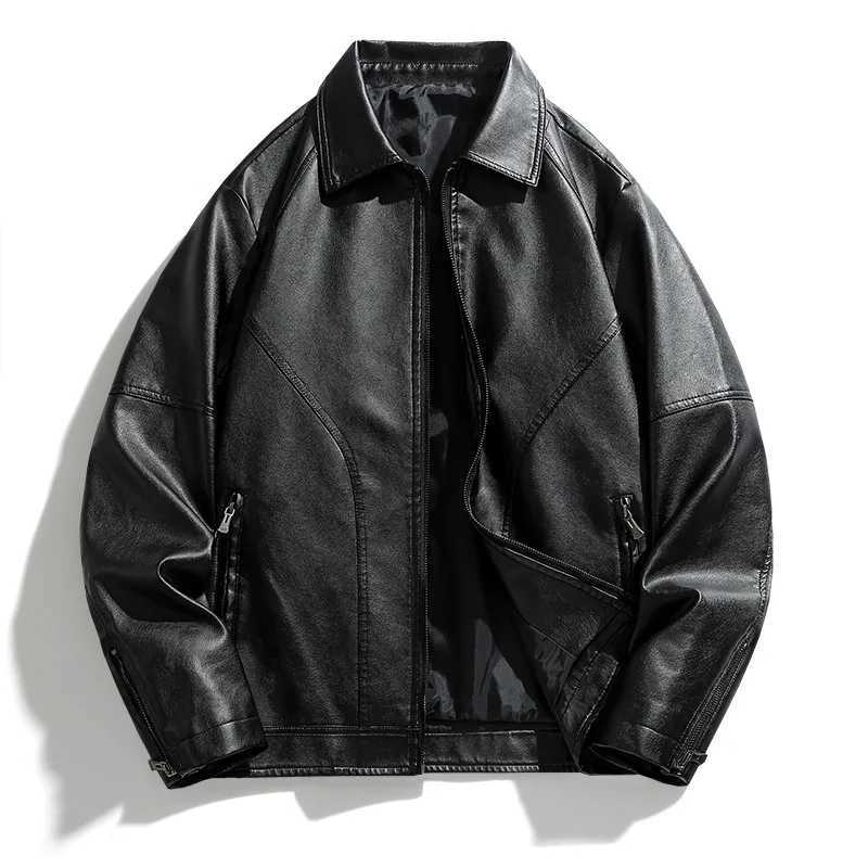 New Autumn Men Leather Coat Vintage Turn Down Collar Men Bomber Jacket Loose Long Sleeves Zipper Pocket Outerwear For MaleT251029