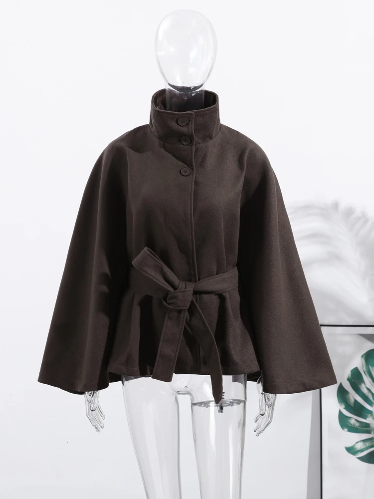 Womens Poncho Coats Vintage Stand Collar Belt Three Button Lace Up Full Sleeve Overcoat Female 2025 Autumn Lady Streetwears 251029