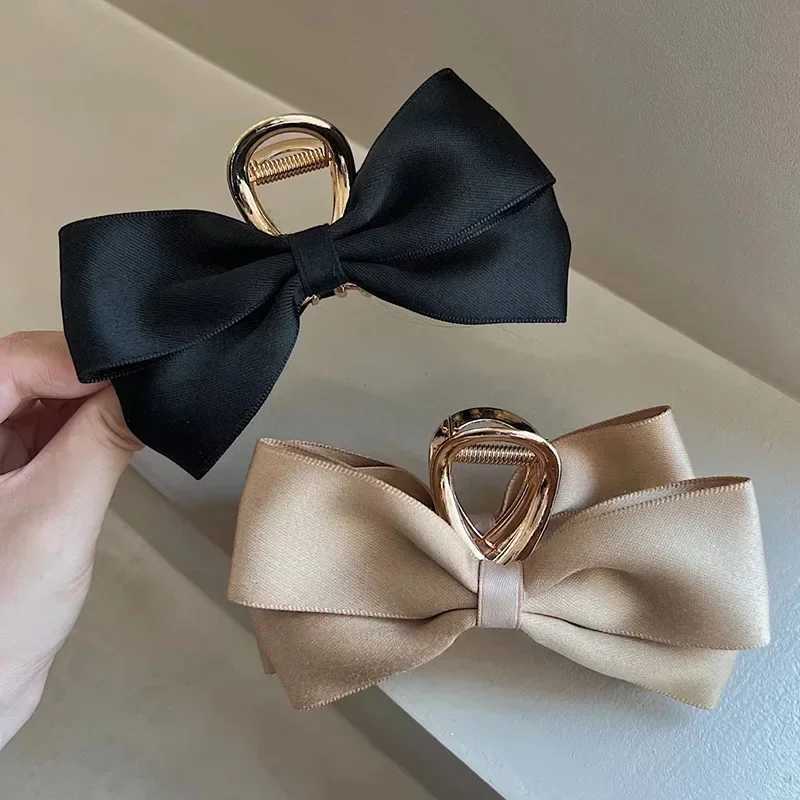 Balck Stain Bowknot Hair Claw Elegant Silk Satin Clamp Korean Fashion Barrette Large Bows Ponytail Headdress Hair AccessoriesW251028