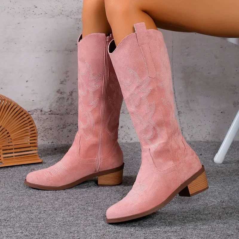 Spring and Autumn Thick Heel V Mouth Show Thin Tall Long Boots Embroidered Retro Western Cowboy Boots Restore Ancient Style Z251029