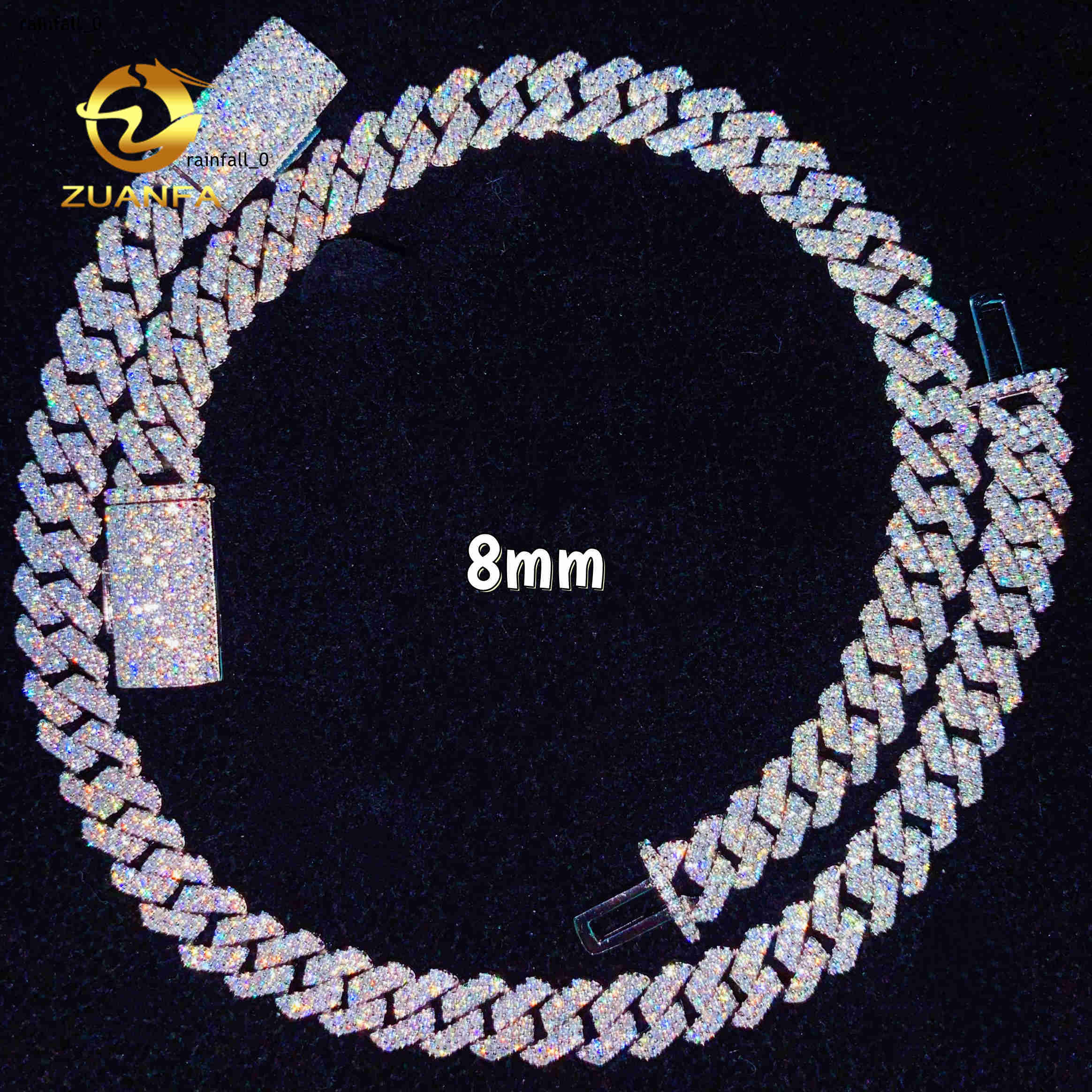 Classic Basic 8mm 2 Row Moissanite Chain Cuban Links Prong Chain Pass Diamond Tester 925 Silver Cuban Link Chain Necklace