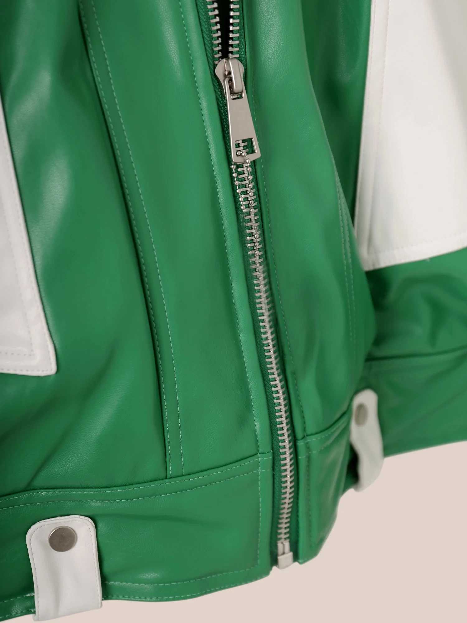 Mauroicardi Spring Autumn Oversized Green and White Patchwork Pu Leather Jacket Men with Many Zippers Luxury Designer ClothesT251029