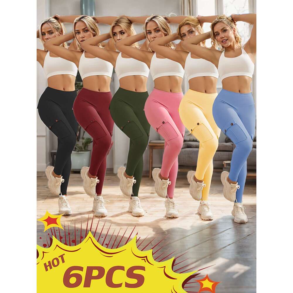 High Waist Yoga with Button Pockets, Multipack Butt Lifting Tummy Control Workout Running 4 Way Stretch Cargo Sports Pants, 6pcs Leggings Set