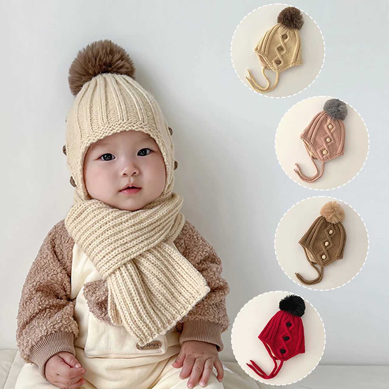 Pompom Beanie For Baby Earmuffs Cap Winter Warm Kids Woolen Knit Hats 12Year Boy Girl Ear Protection Hat Toddler Ties Bonnet251028