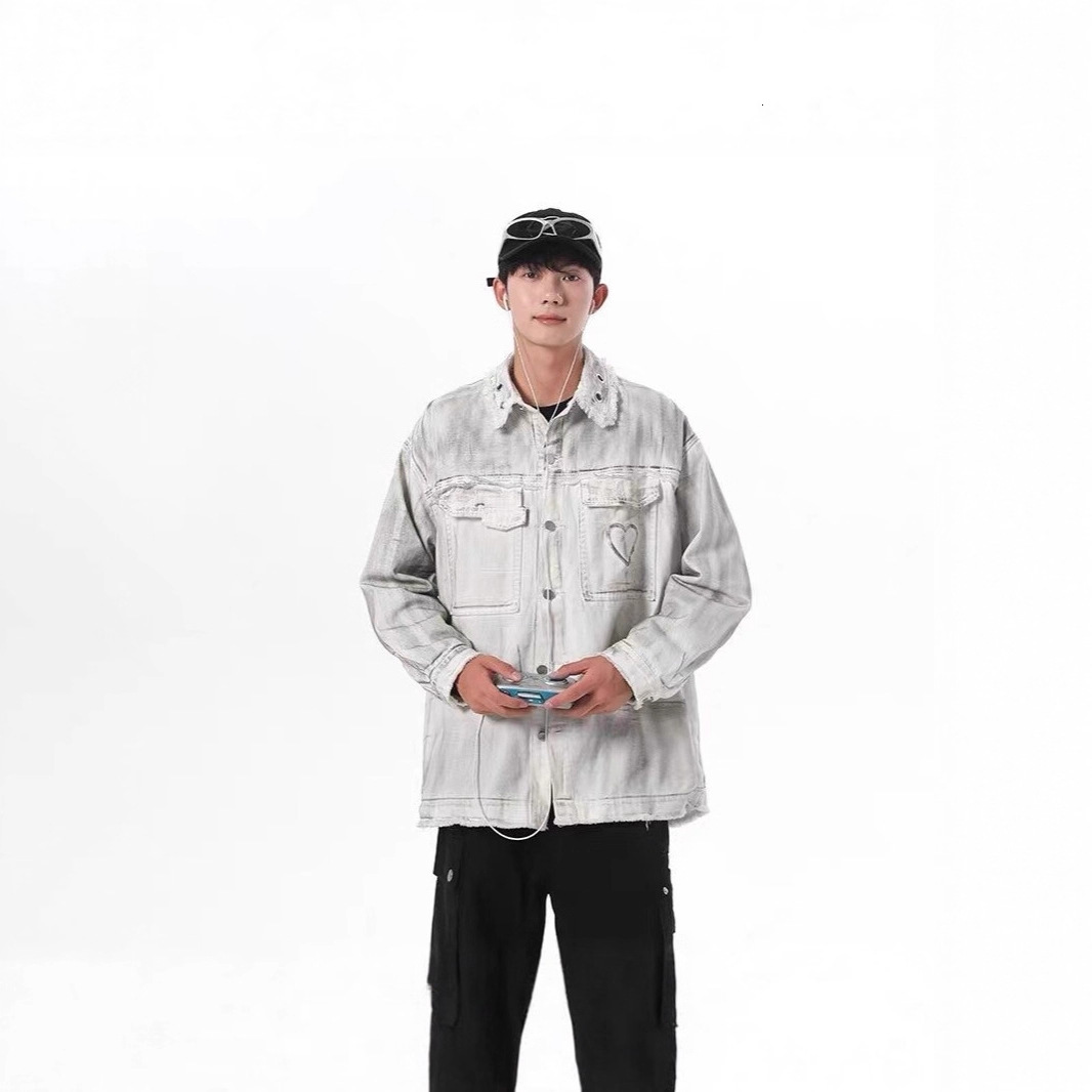 Washed Designer Jacket Vintage Tie-dye Frayed Denim Jacket For Men And Women Loose Design Niche Style Spring And Autumn Season