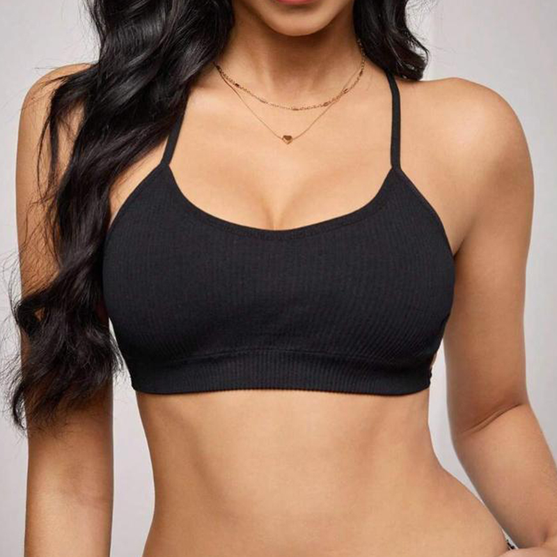 Bras Women's Ribbed Cami Sports Bra, Spaghetti Strap Seamless Crop Top, Comfortable Casual & Gym Wear Bralette with Adjustable Straps