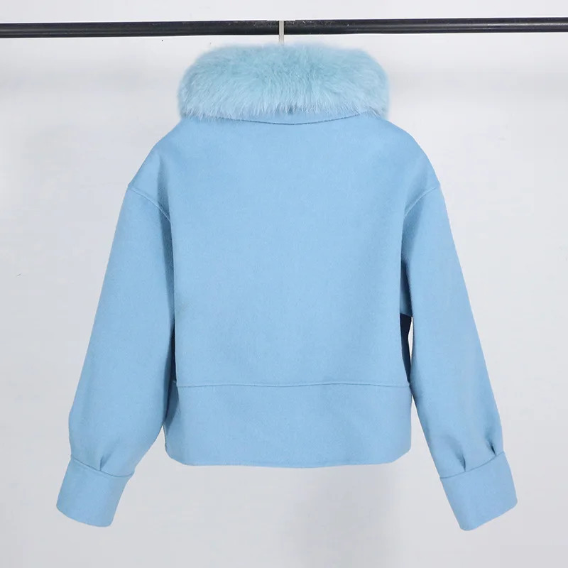 GENHUA 2025 Autumn Winter Fox Fur Collar 10 Cashmere 90 Wool Doublesided Wool Coat Womens Short Casual Loose Wool Coat 251029
