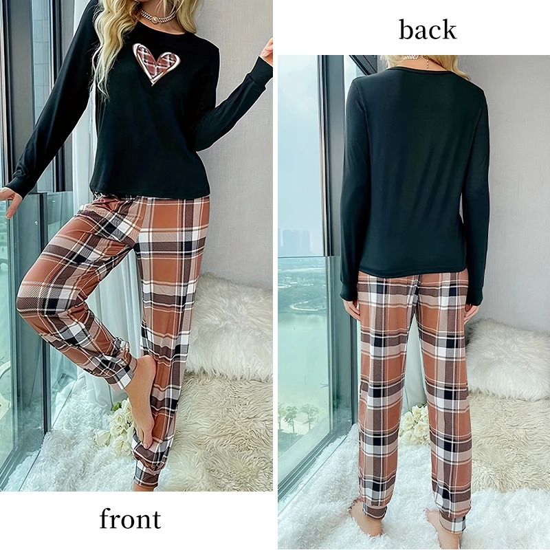 TwoPiece Long Sleeved Sleepwear Set with Printed Heart Top and Plaid Loose Pants Soft Casual Womens Home 251029