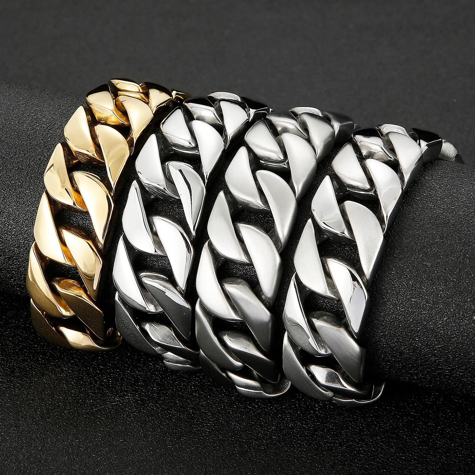Fongten 22cm Cuban Chain Bracelets For Men Stainless Steel Shiny Brushed Bangle Bracelets Men Curb Gold Silver Color Jewelry 251028