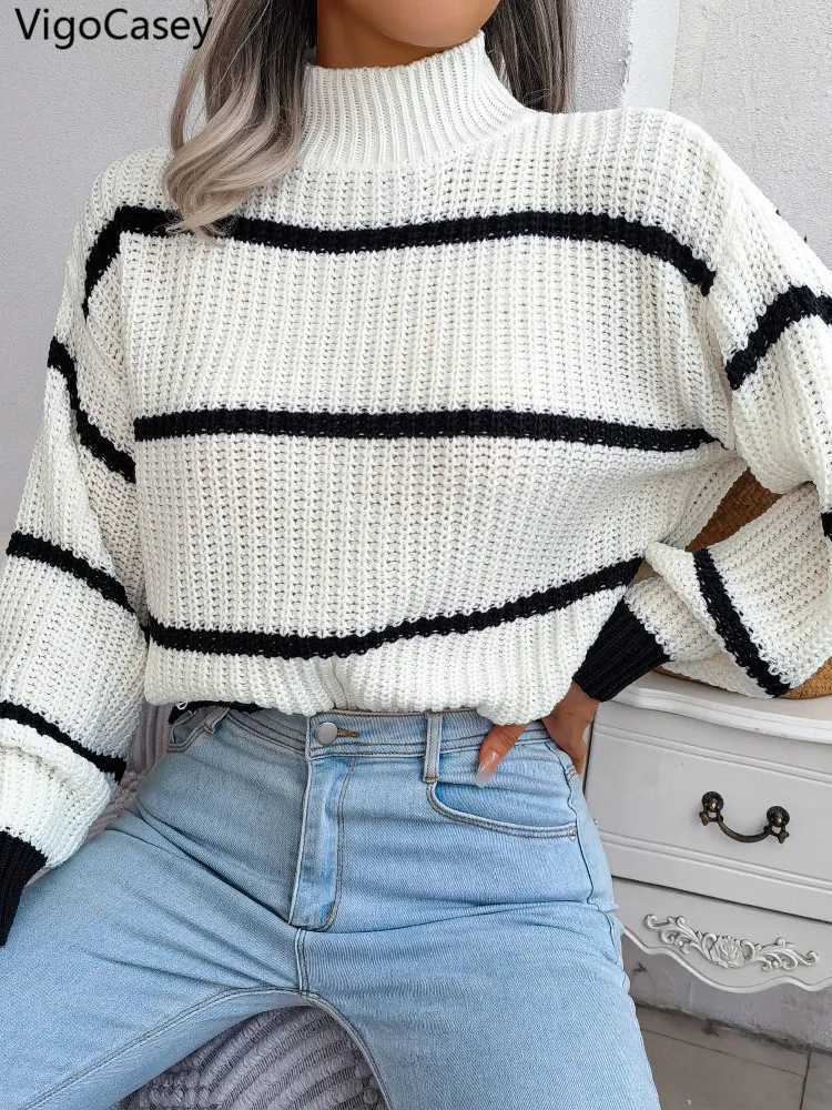 VigoCasey 2025 Winter High Collar Stripe Knitted Sweater Women Casual Loose Pullover Autumn Lady Lantern Long Sleeve Warm Jumper J251029