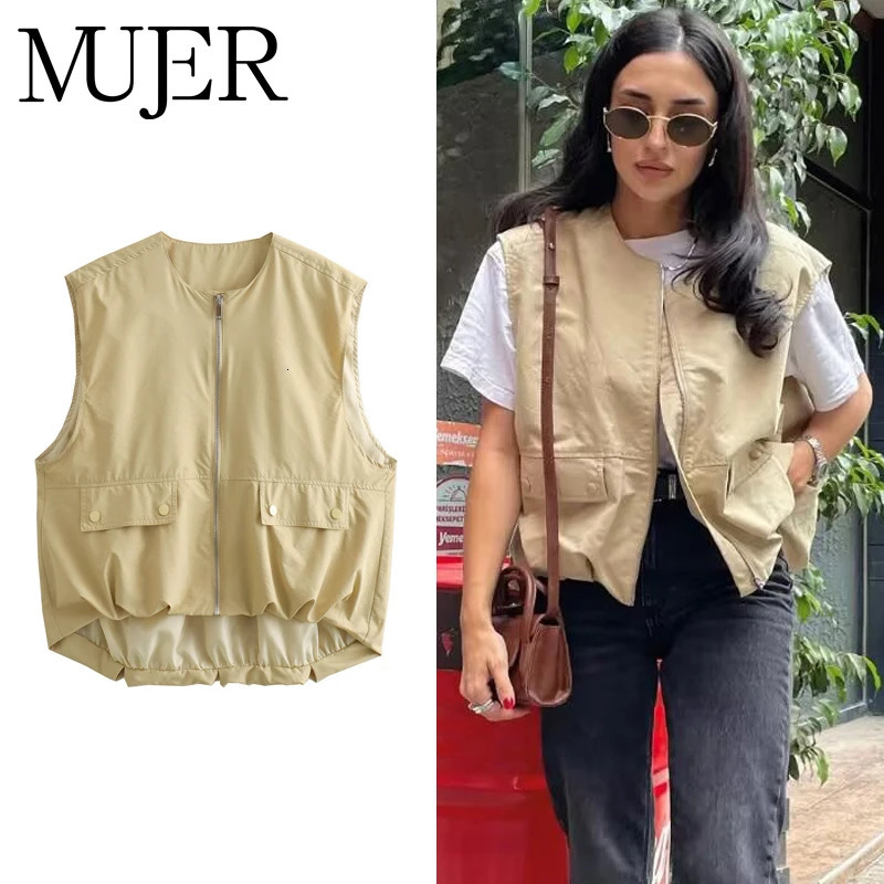 MUJER Ruched Sleeveless Vest Women Zip Loose Summer Vests for Women Streetwear Womens Jackets Holiday Casual Vest Top Women 251029