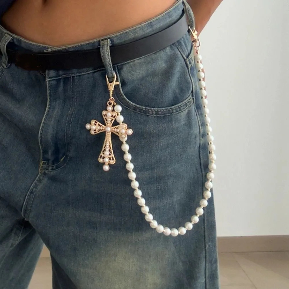 Retro Gothic Pearl Waist Chain Cross Hip Hop Punk Belt Chain Multilayer Beads Pants Chain Steetwear 251021