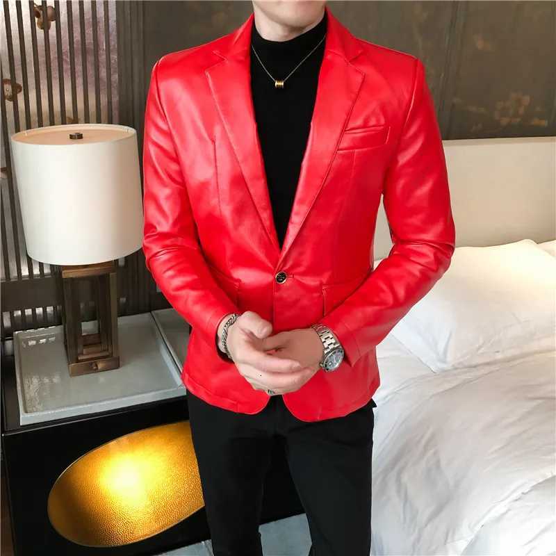 Leather Jacket Men Slim Fit Autumn Streetwear Korean Social Casual Business Solid Red Blazer Coat Fashion Faux PU Suit JacketT251029