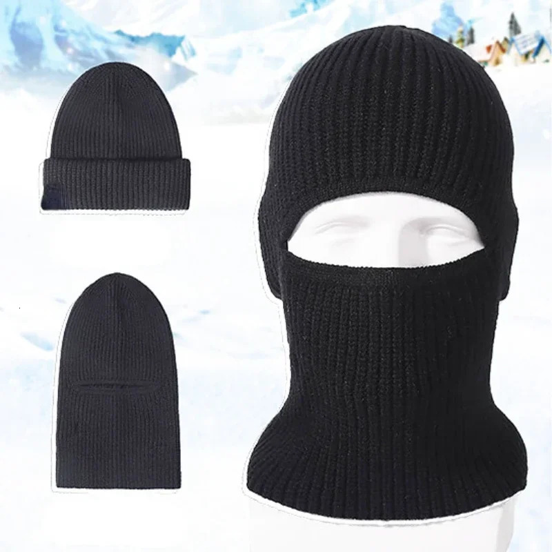2 in1 Winter Mask Beanies Hats Warm Knitted Balaclava Hats Windproof Solid Full Face Ski Bonnet Tactical Cycling Earmuffs Cap 251029