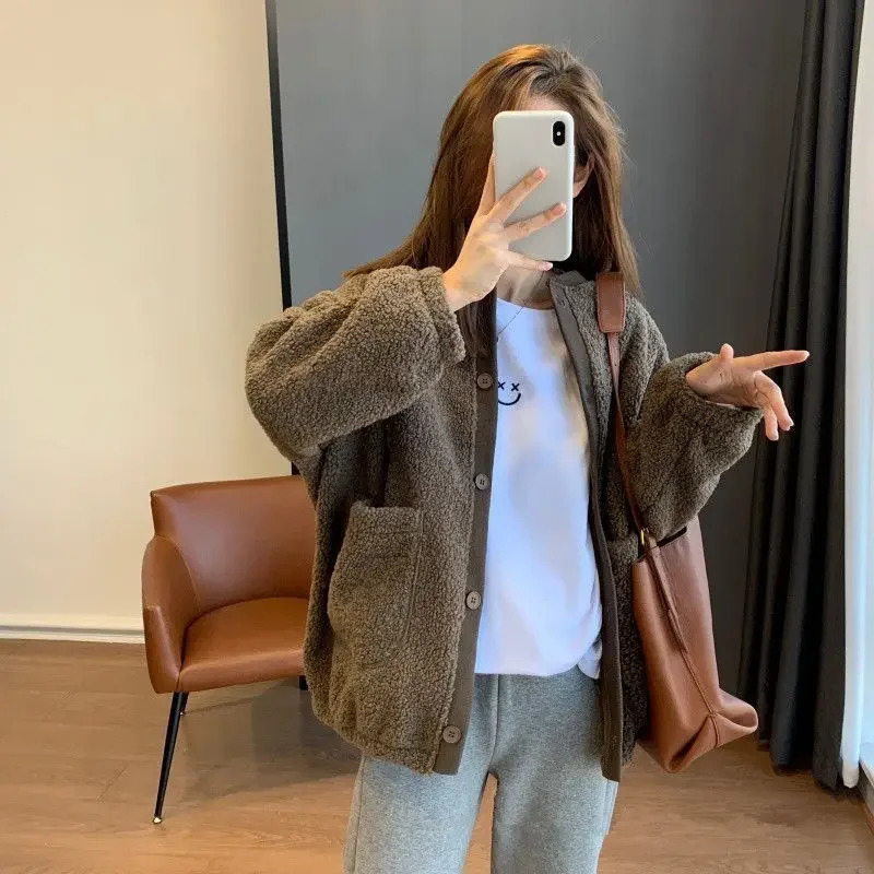 Lamb Velvet Baseball Jacket Womens Thickened Loose Outerwear Korean Style Autumn Winter Arrival Fashionable Coat 251029